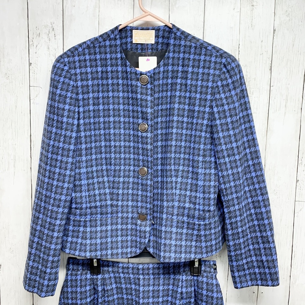 Vintage‎ Pendleton Skirt Suit Set Women Large Blue Houndstooth Wool Blazer Retro
